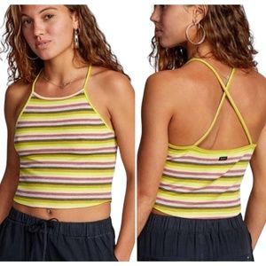 New RVCA Striped High Neck Cross Back Straps Cropped Tank Top Hat Trick Size XS